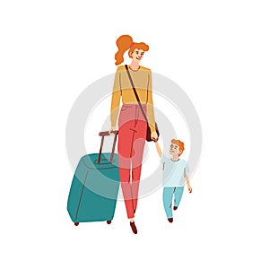 Illustration of mom and son walk hand in hand with suitcas