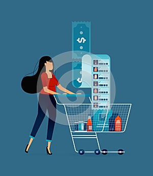 illustration of Moms or parents push shopping trolleys containing basic needs or groceries. household monthly shopping and