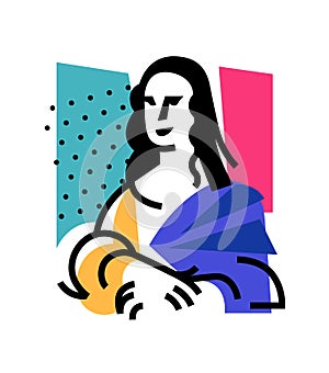 Illustration of the Mona Lisa. Icon of Gioconda, the artist Leonardo Davinci. Logo of a famous work, interpretation. Vector flat