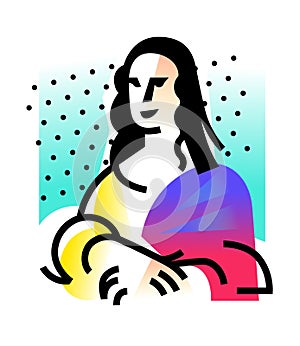 Illustration of the Mona Lisa. Icon of Gioconda, the artist Leonardo Davinci. Logo of a famous work, interpretation. Vector flat photo