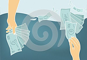 Illustration about money, business, bank loans, salary, pension, repayment savings. Hand with cash