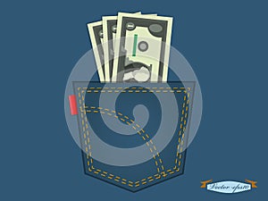 Illustration of money in the pocket of blue jeans