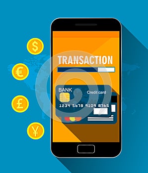 Illustration for money transaction, mobile banking and mobile payments. Business technology. Vector illustration.