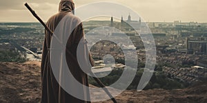 A hooded monk looking towards a modern city skyline