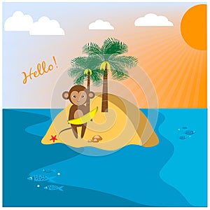 Illustration with monkey on the uninhabited island