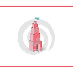 Illustration of Montessori pink tower like a castle with a flag and open door. Vector logo design template.