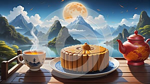 Illustration of moon cake plate and hot tea pot set. Generative Ai. Stock Photo