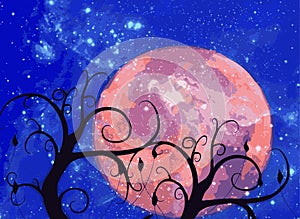 Illustration of Moon landscape behind the trees