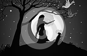 Illustration Of Moon Night, Fantasy Of Silhouette Woman And Cat ,Tree With Flowers, And Beautiful Birds.