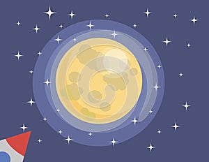Illustration of the moon with stars from outer space with a rocket
