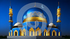 Illustration of mosque with golden domes and blue dome at night