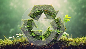 Illustration of a mossy recycle symbol amidst nature, embodying eco-friendliness and sustainability concept. Generative Ai
