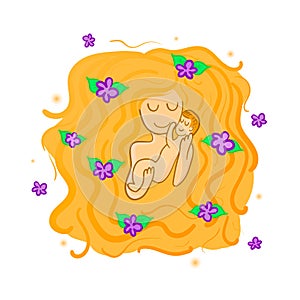 Illustration of a mother with flowers in her hair and a baby, symbolizing love and tenderness. Greeting card for Mother`s Day cel
