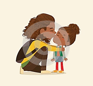 Illustration of a Mother Gives a Goodbye Kiss to her daughter. African American Mum Gives Kiss to the child at the photo