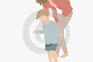 Illustration of a mother holding her baby toddler walking