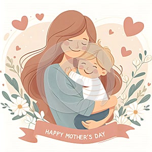 illustration of a mother hugging her baby, happy and smiling, Happy Mother\'s Day