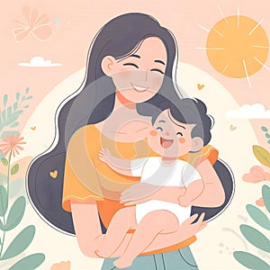 illustration of a mother hugging her baby, happy and smiling, Happy Mother\'s Day