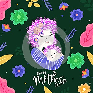 Illustration of Mother Hugging Her Infant Baby Against Flowers and Leaves Decorated on Green for Happy Mother\'s Day