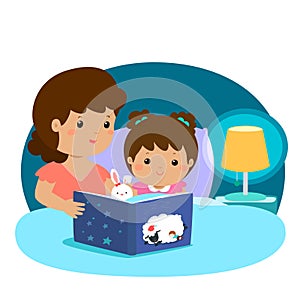 A illustration of a mother reading a bedtime story to her photo