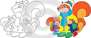 Before and after illustration of a mother squirrel with her two children, dressed for winter, for coloring book