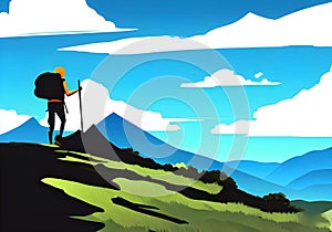 illustration of a mountain climber against a beautiful mountain backdrop with a blue sky and white clouds