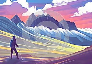 Illustration of a mountain climber against a gorgeous Mountain Landscape