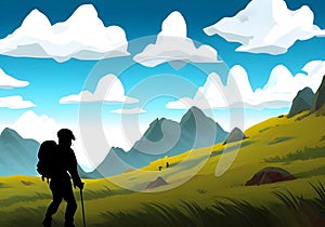 Illustration of a mountain climber against stunning mountain backdrop and white cloudy sky