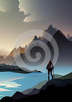 An Illustration of a Mountain Climber in a Breathtaking Mountain Landscape