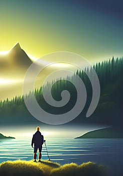 An Illustration of a Mountain Climber in a Majestic Landscape