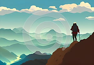 Illustration of A mountain climber\'s silhouette is set against a gorgeous mountain backdrop