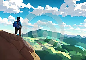 Illustration of A mountain climber\'s silhouette is set against a stunning mountain backdrop