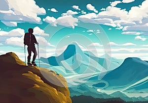 Illustration of A mountain climber is set against a gorgeous mountain backdrop