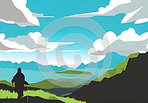 illustration of a mountain climber silhouetted against a backdrop of stunning mountain scenery and a blue sky with white clouds