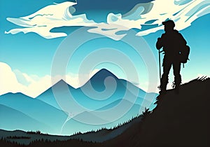 illustration of a mountain climber silhouetted against a backdrop of stunning mountain scenery and a blue sky with white clouds