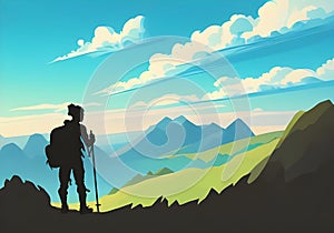 illustration of a mountain climber silhouetted against a beautiful mountain backdrop with a blue sky and white clouds