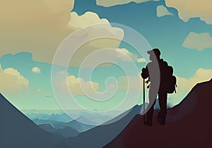 Illustration of a mountain climber silhouetted against a breathtaking background