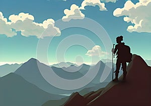 Illustration of a mountain climber silhouetted against a breathtaking background