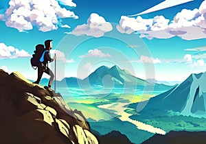 Illustration of a mountain climber silhouetted against a stunning mountain backdrop