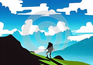 Illustration of a mountain climber silhouetted against a stunning mountain backdrop with a blue sky and white clouds