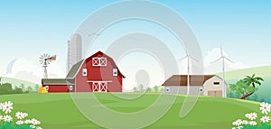 Illustration of Mountain countryside with red farm barn