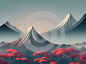 Illustration of mountain fuji Japan\'s iconic peak surrounded by picturesque landscapes.