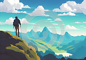 Illustration of a mountain Hiker silhouetted against a stunning mountain backdrop with a blue sky and white clouds