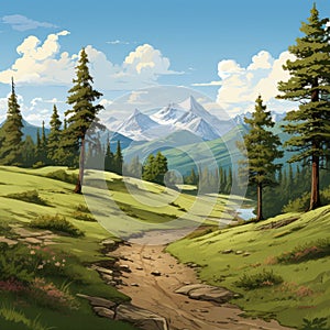 an illustration of a mountain landscape with a dirt road and trees