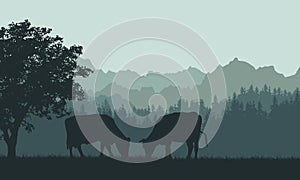 Illustration of a mountain landscape with hills, forest and silhouettes of grazing cows. Grass and pasture under the green sky,