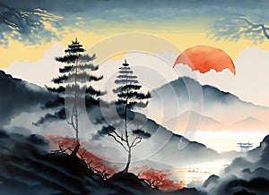Illustration of a mountain landscape with pine trees, sunset and sun. Generative AI