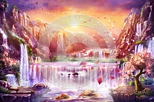 Illustration of a mountain landscape with waterfalls and blooming sakura. Fabulous background