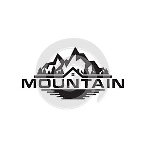 Illustration of mountain, trees, house and field logo