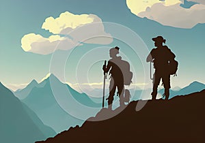 Illustration of a mountain Two climbers silhouetted against a breathtaking background