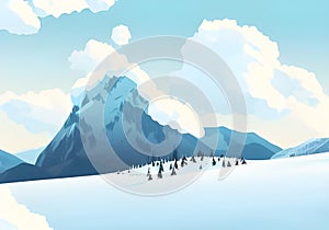 Illustration of Mountainous Winter Wonderland: A Serene Snowy Landscape With Mountains and trees