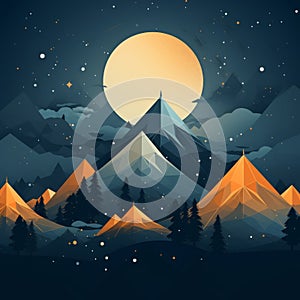 an illustration of mountains and trees at night with a full moon in the background